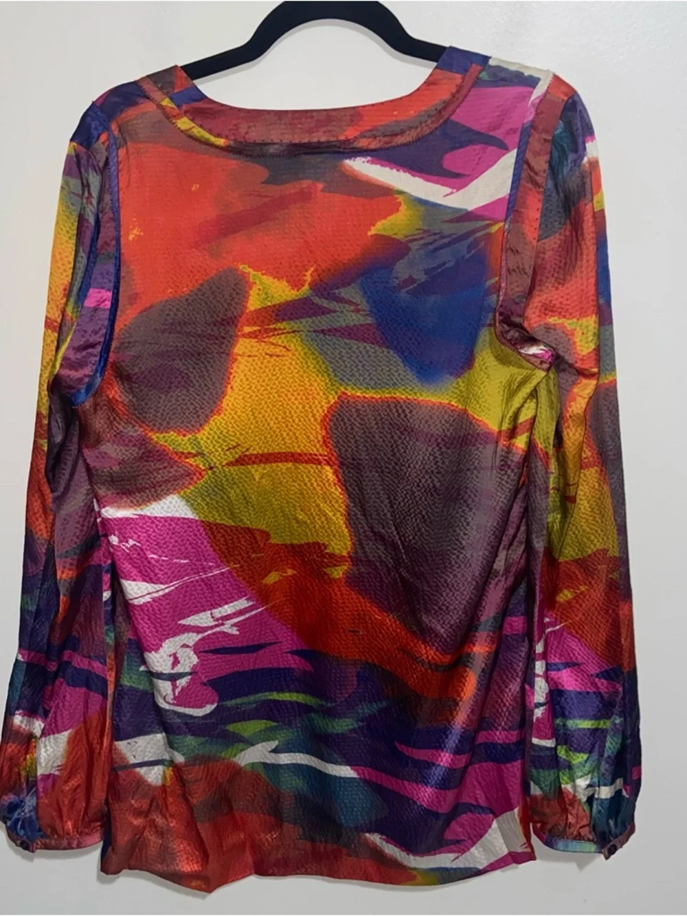 Tory Burch Top Womens Size 10 Hammered Silk Long Sleeve Blouse Tassels Abstract